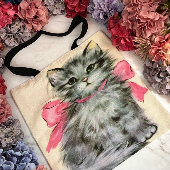 Eco-Friendly Gray Persian Kitten with Pink Bow Folding Tote Bag - Picture 3 of 13